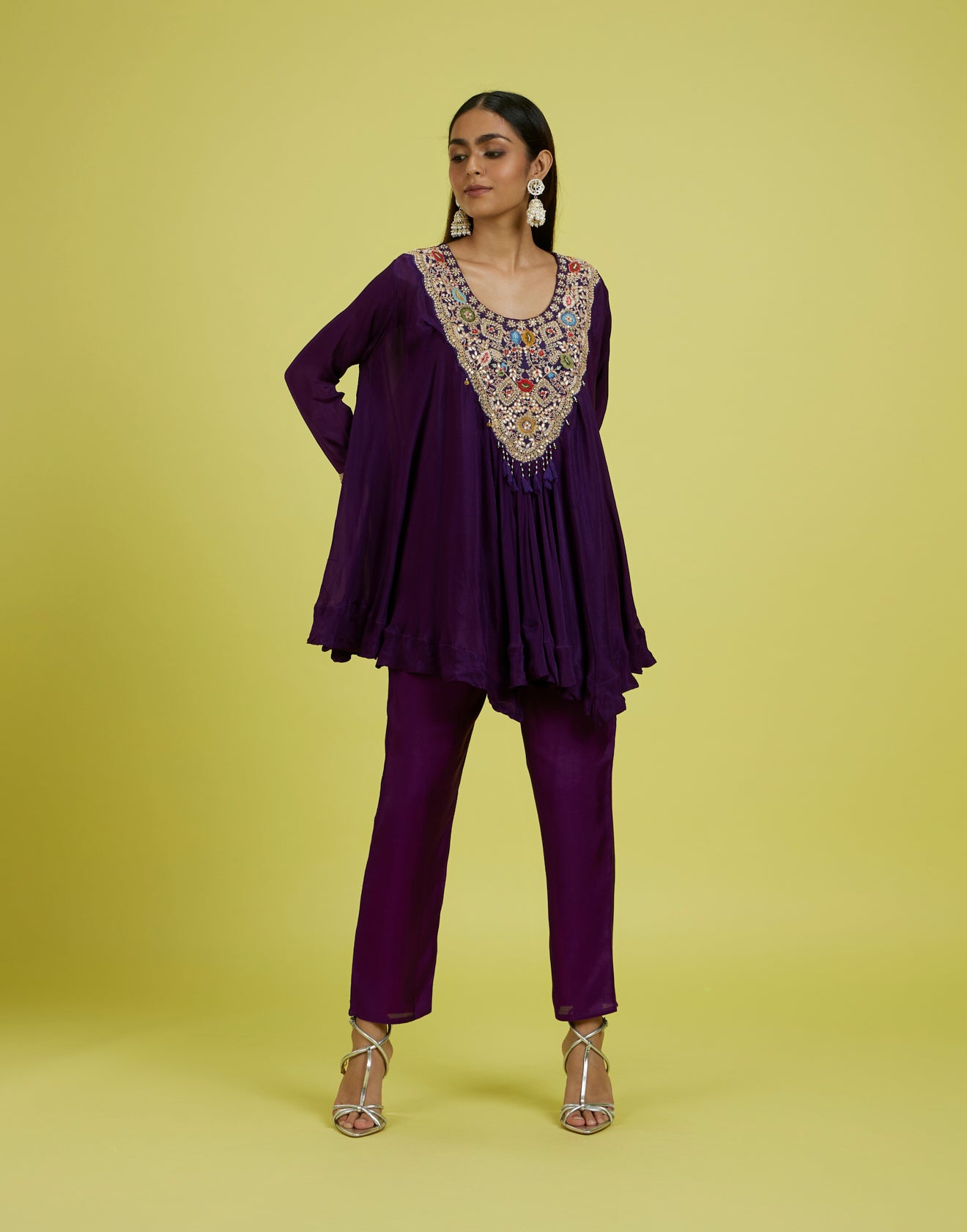 Dark Purple Embroidered Flared Co-Ord Kurta Set