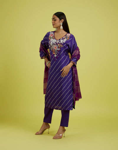 Dark Purple Leheriya Printed Festive Kurta Set