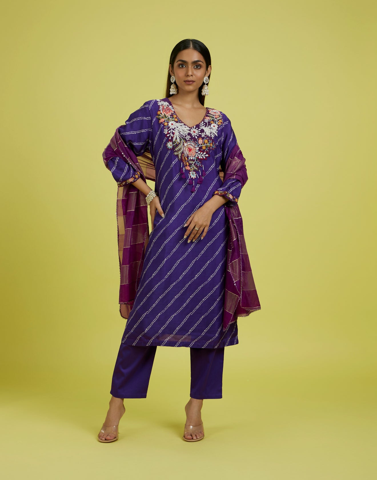 Dark Purple Leheriya Printed Festive Kurta Set