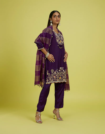 Dark Purple Peacock Embroidered Festive Kurta Set