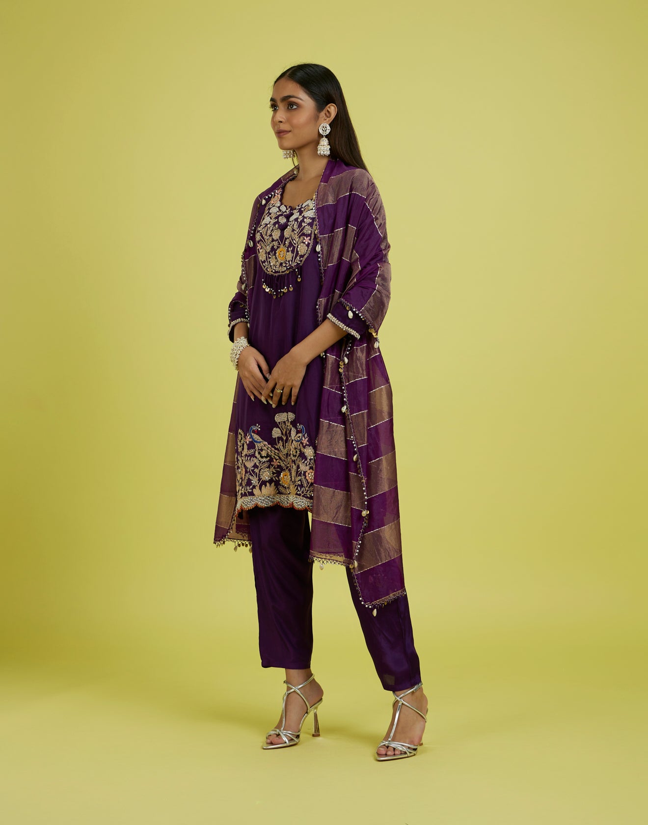 Dark Purple Peacock Embroidered Festive Kurta Set