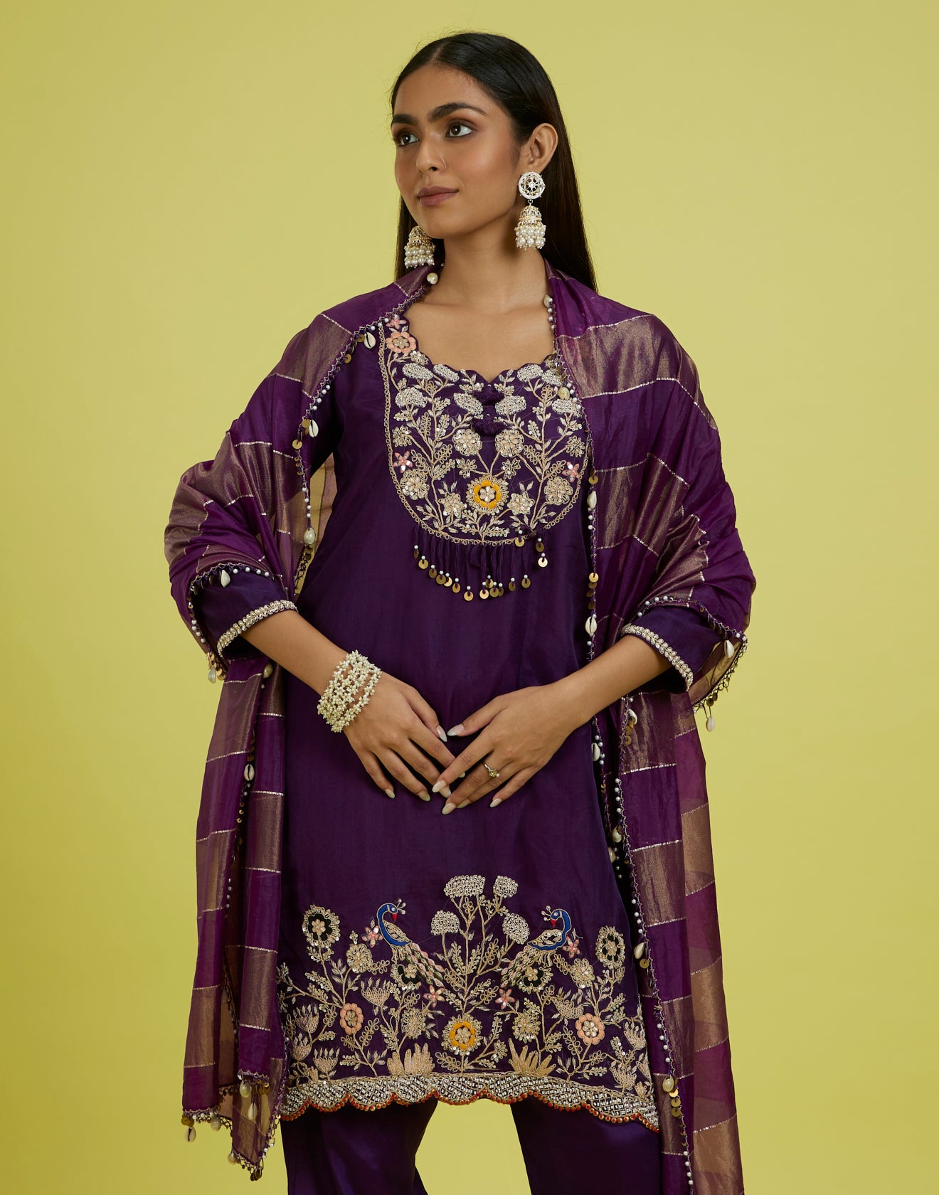 Dark Purple Peacock Embroidered Festive Kurta Set