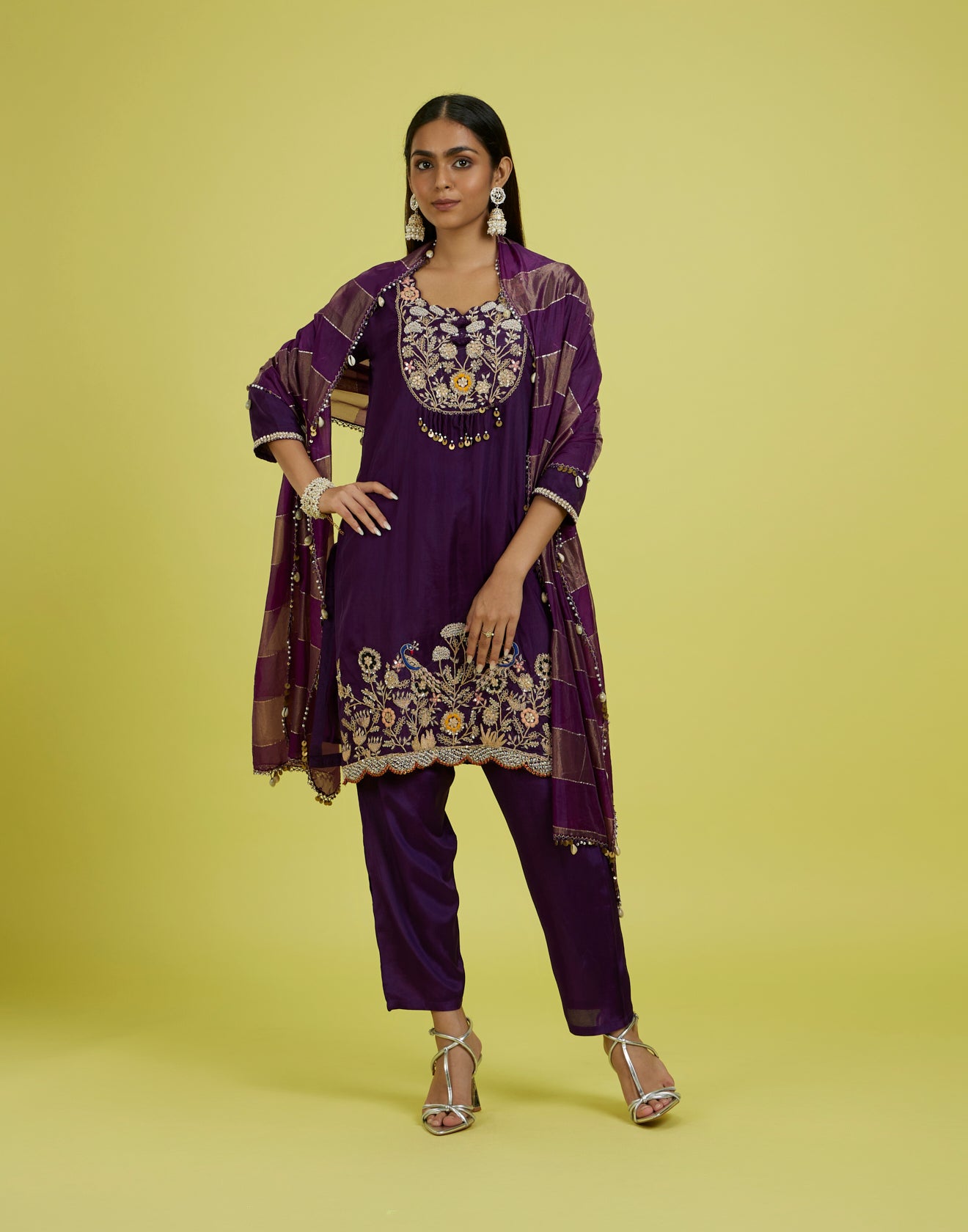 Dark Purple Peacock Embroidered Festive Kurta Set