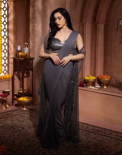 Dark Slate Grey Pre-Stitched Saree With Embellished Jacket