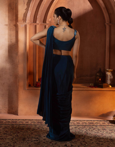 Dark Turquoise Cocktail Pre-Stitched Saree