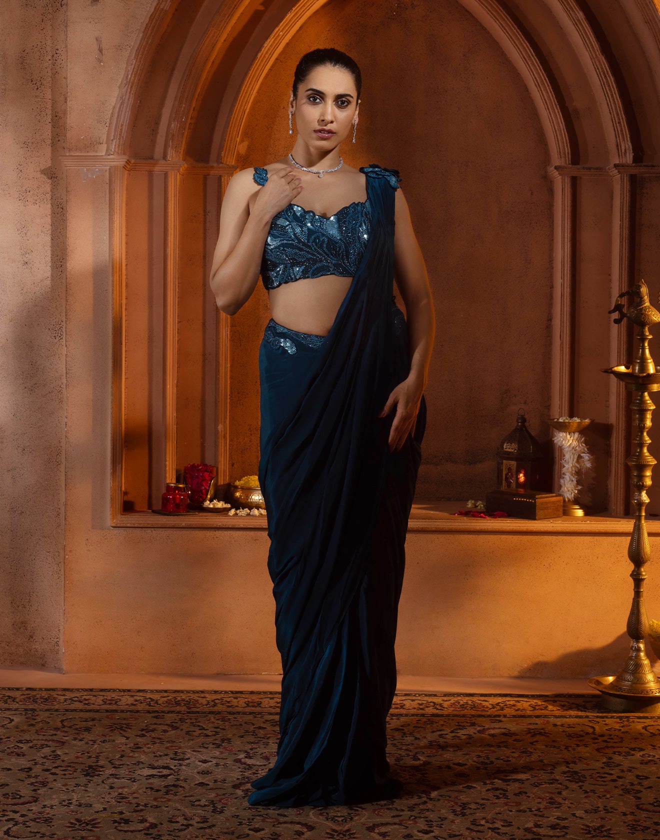 Dark Turquoise Cocktail Pre-Stitched Saree