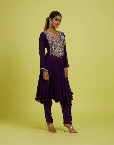 Deep Violet Panchi Embroidered Festive Kurta Set