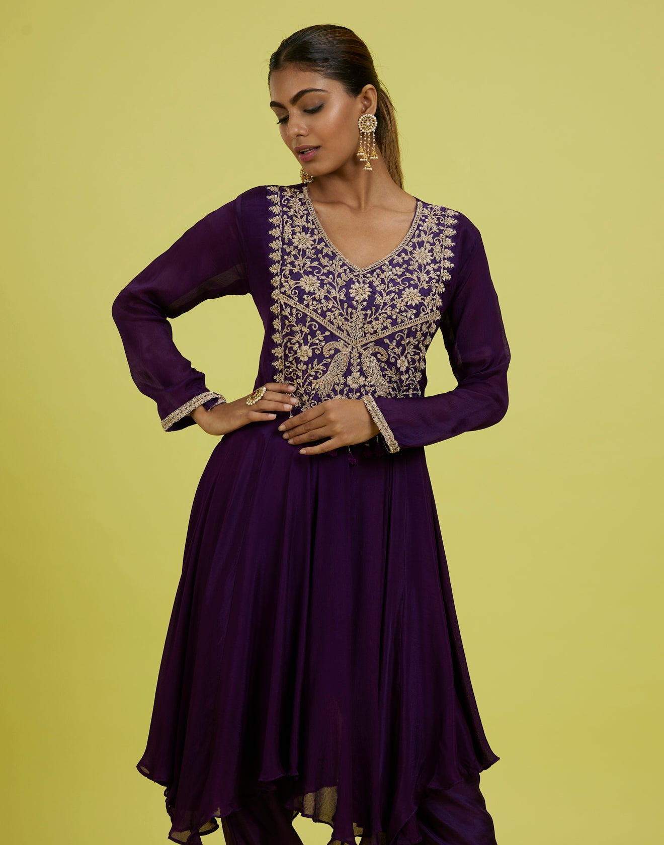 Deep Violet Panchi Embroidered Festive Kurta Set