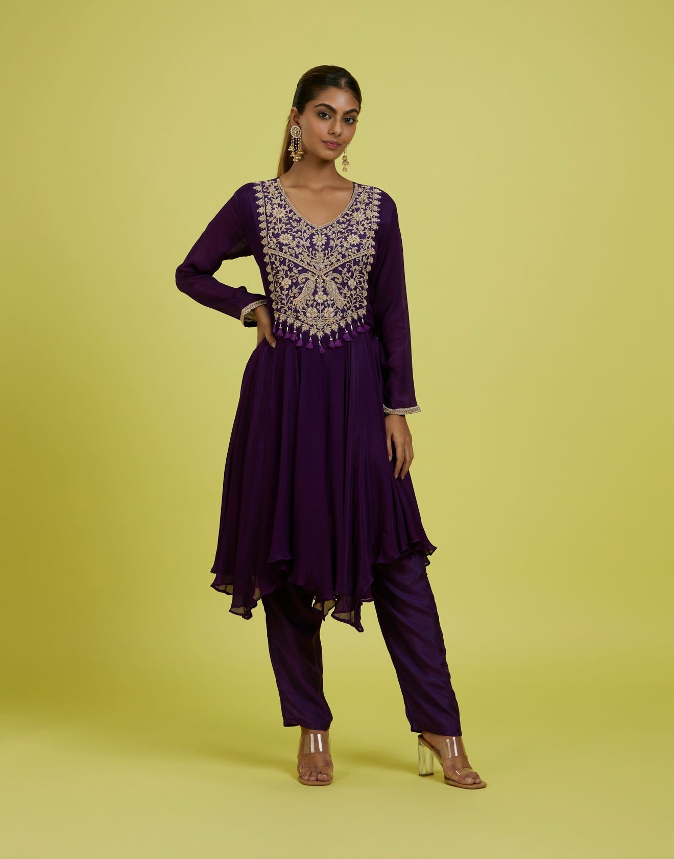 Deep Violet Panchi Embroidered Festive Kurta Set