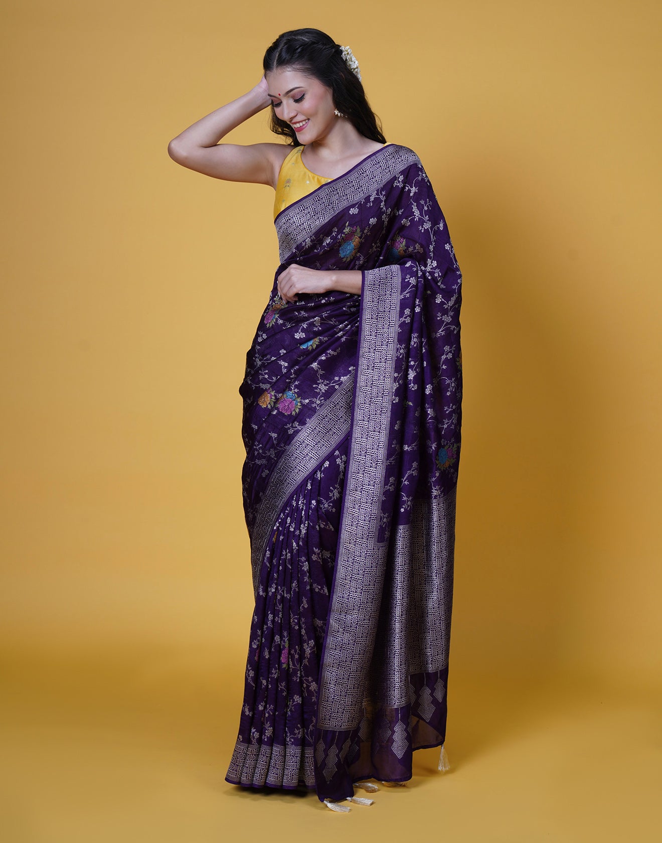 Deep Purple Banarasi Floral Jaal Silk Saree