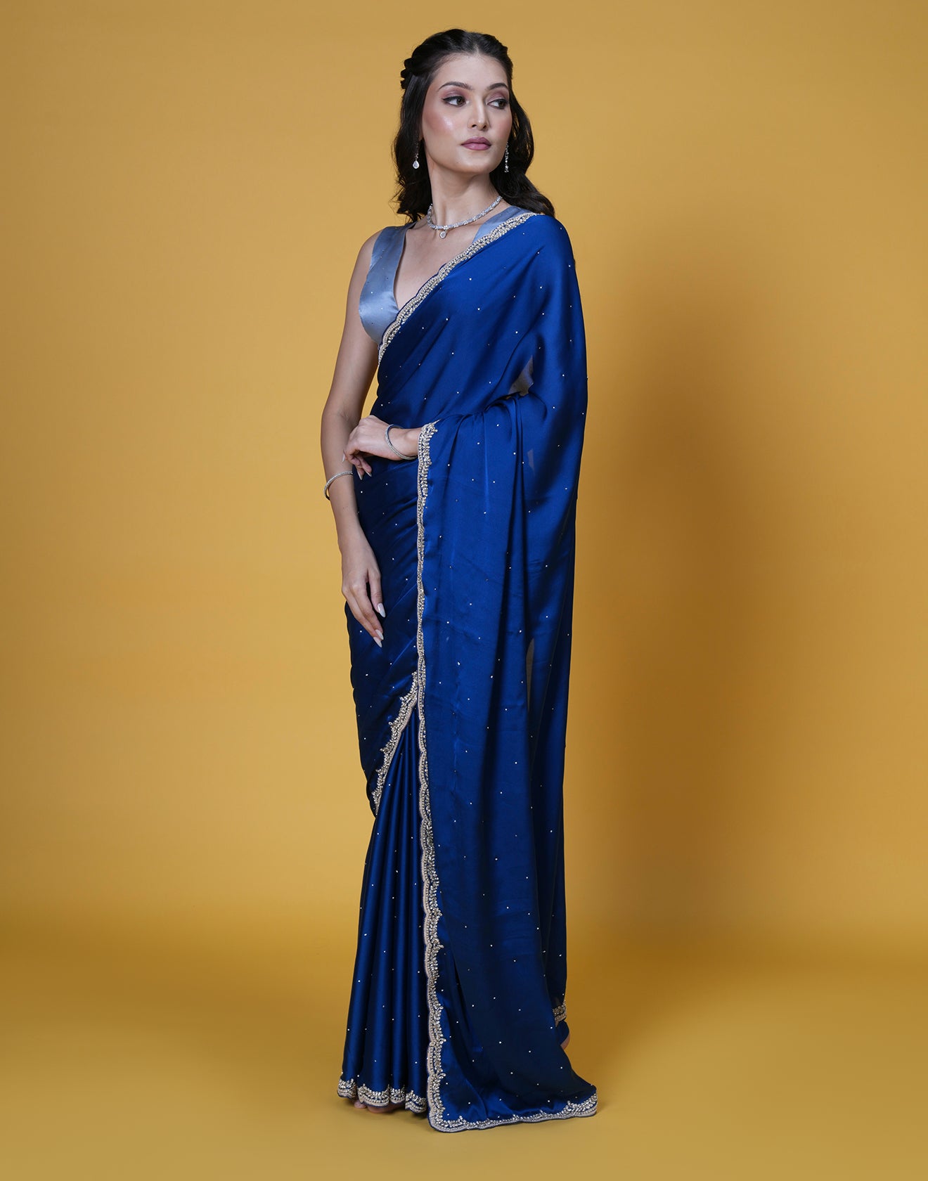 Deep Turquoise Satin Embellished Saree