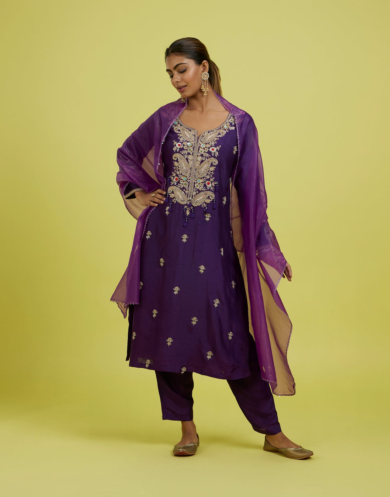 Dome Purple Paisley Embroidery Kurta Set