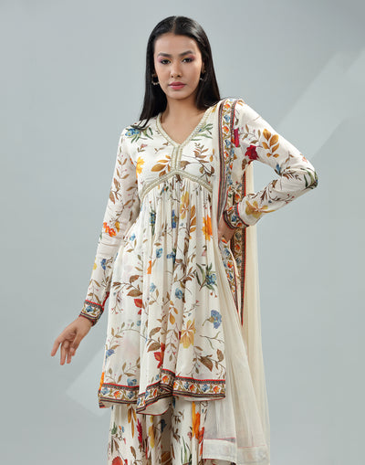 Dove White Floral Print Anarkali Peplum Gharara Set