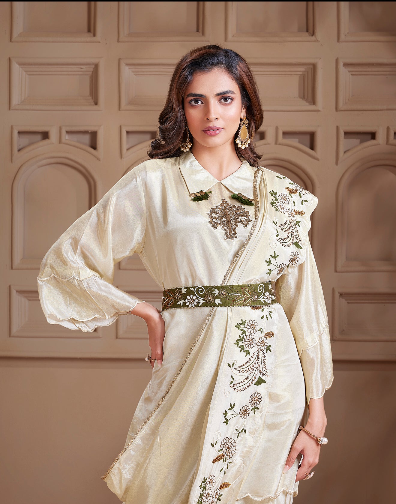 Dove White With Earthy Hues Embroidered Festive Fusion Dhoti Set