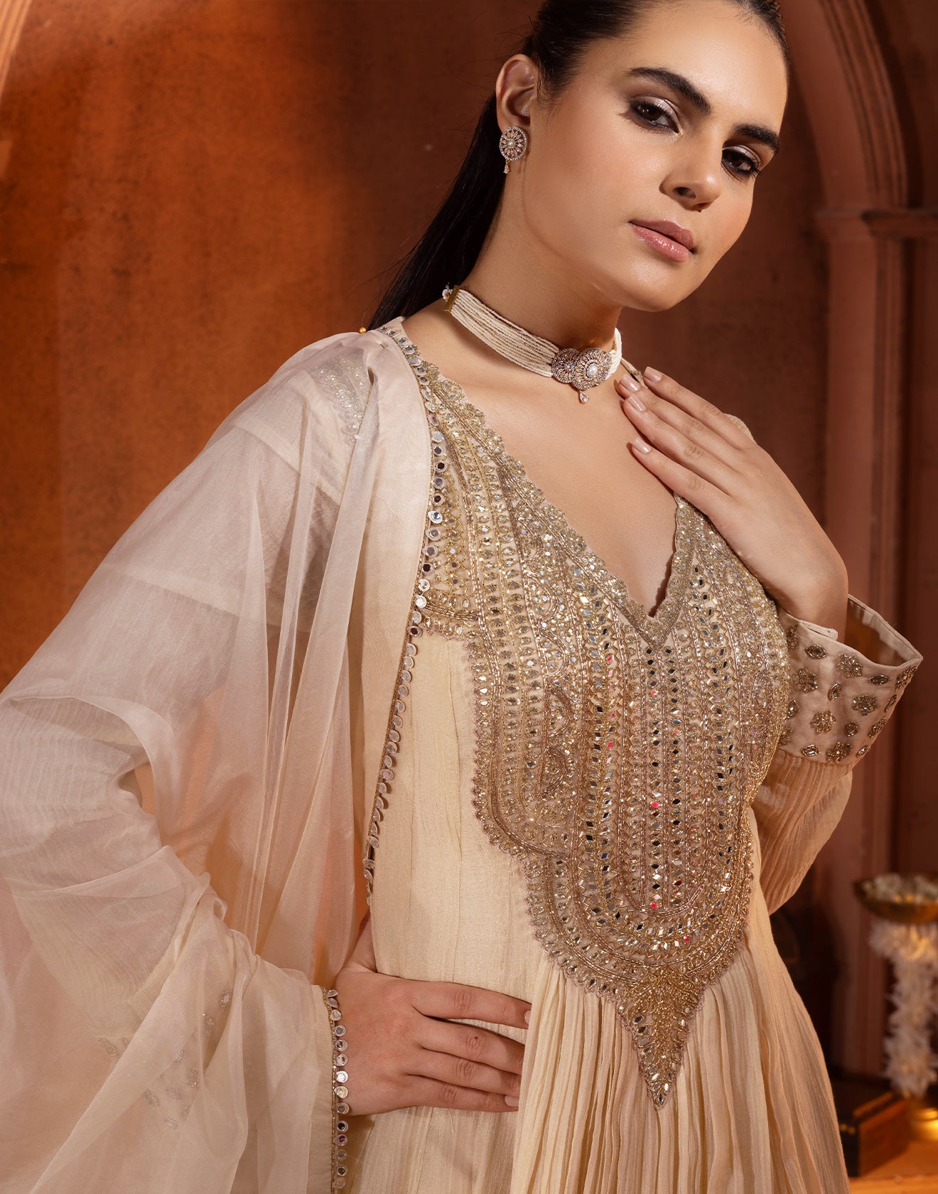 Dutch Gold Embellished Crushed Silk Anarkali Set