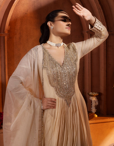 Dutch Gold Embellished Crushed Silk Anarkali Set