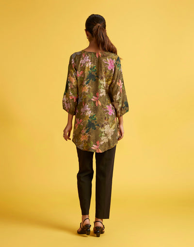 Earthy Olive Floral Printed Crepe Tunic