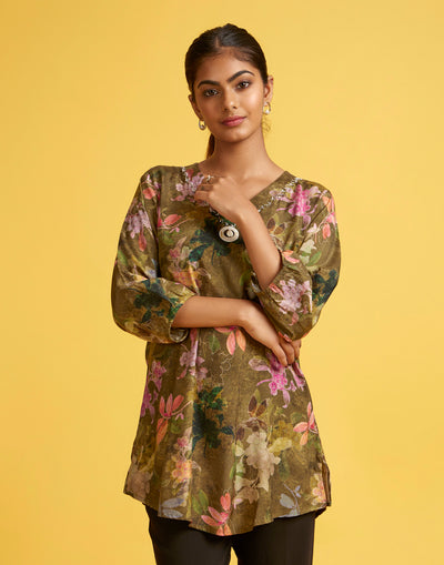 Earthy Olive Floral Printed Crepe Tunic