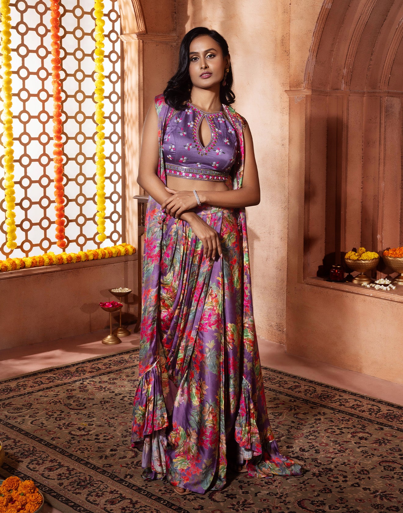 Electric Purple Floral Printed Satin Indi-Cocktail Suit