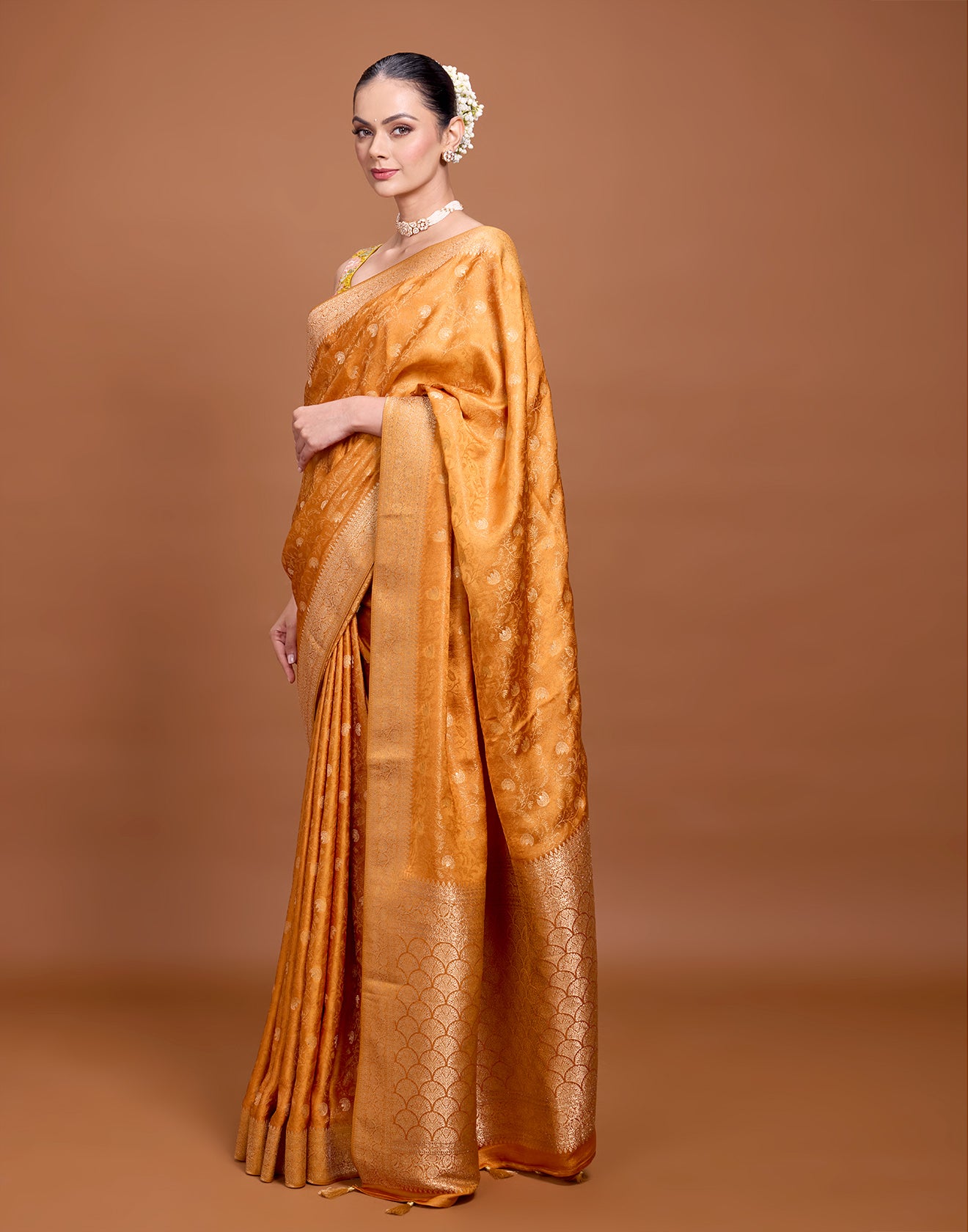 Festive Marigold Jaal Weave Silk Saree