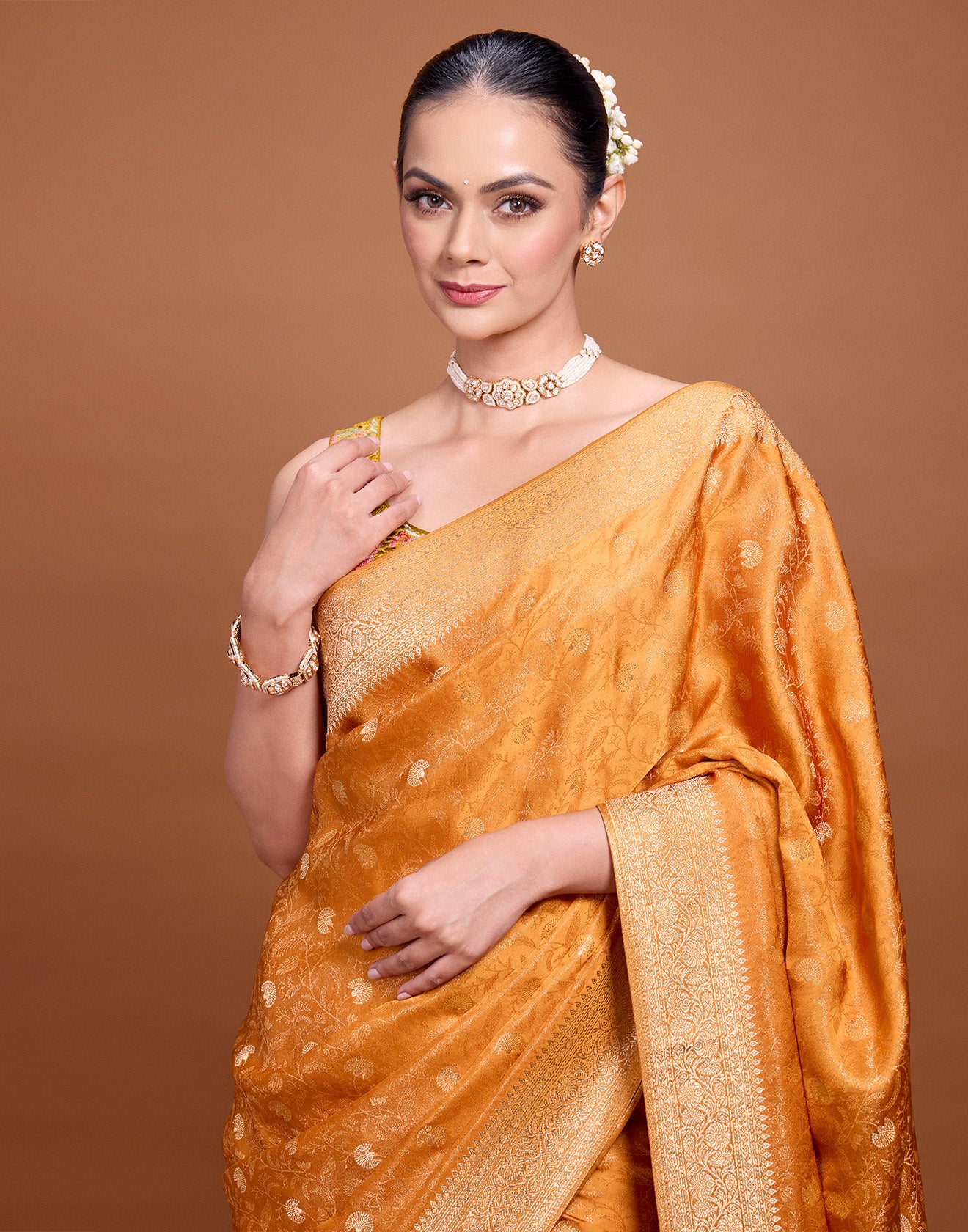 Festive Marigold Jaal Weave Silk Saree