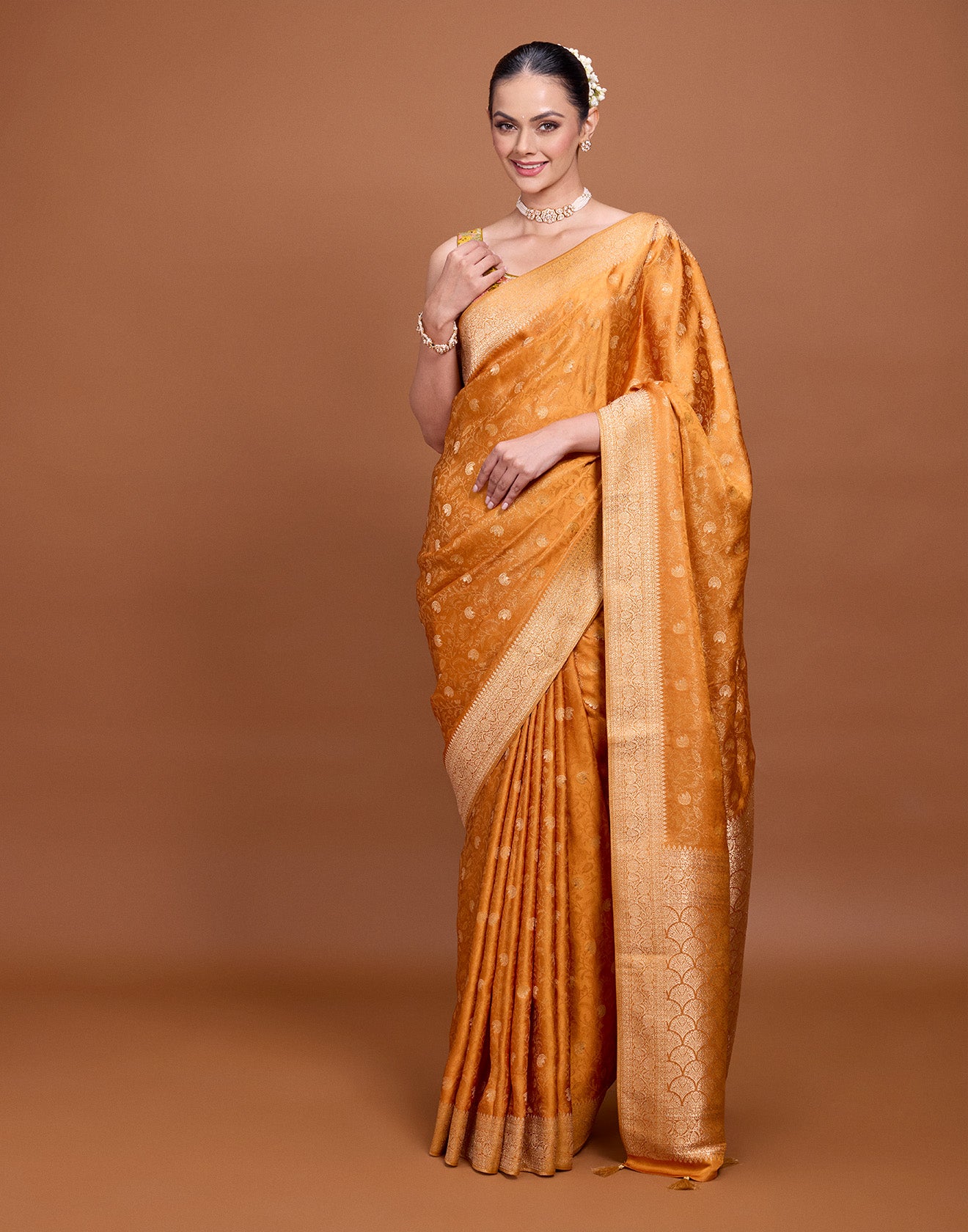 Festive Marigold Jaal Weave Silk Saree