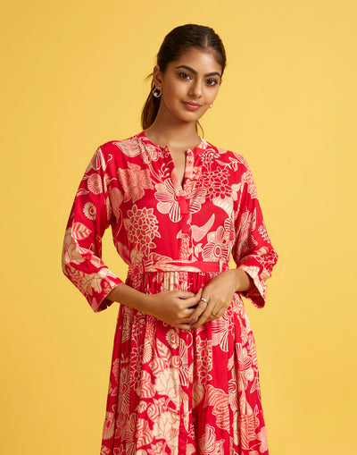 Fire Red Doodle Printed Flared Kurti