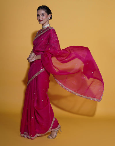 Flora Pink Organza Saree With Stitched Embroidered Blouse