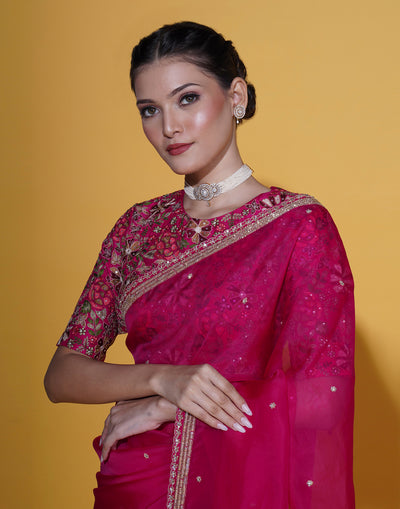 Flora Pink Organza Saree With Stitched Embroidered Blouse