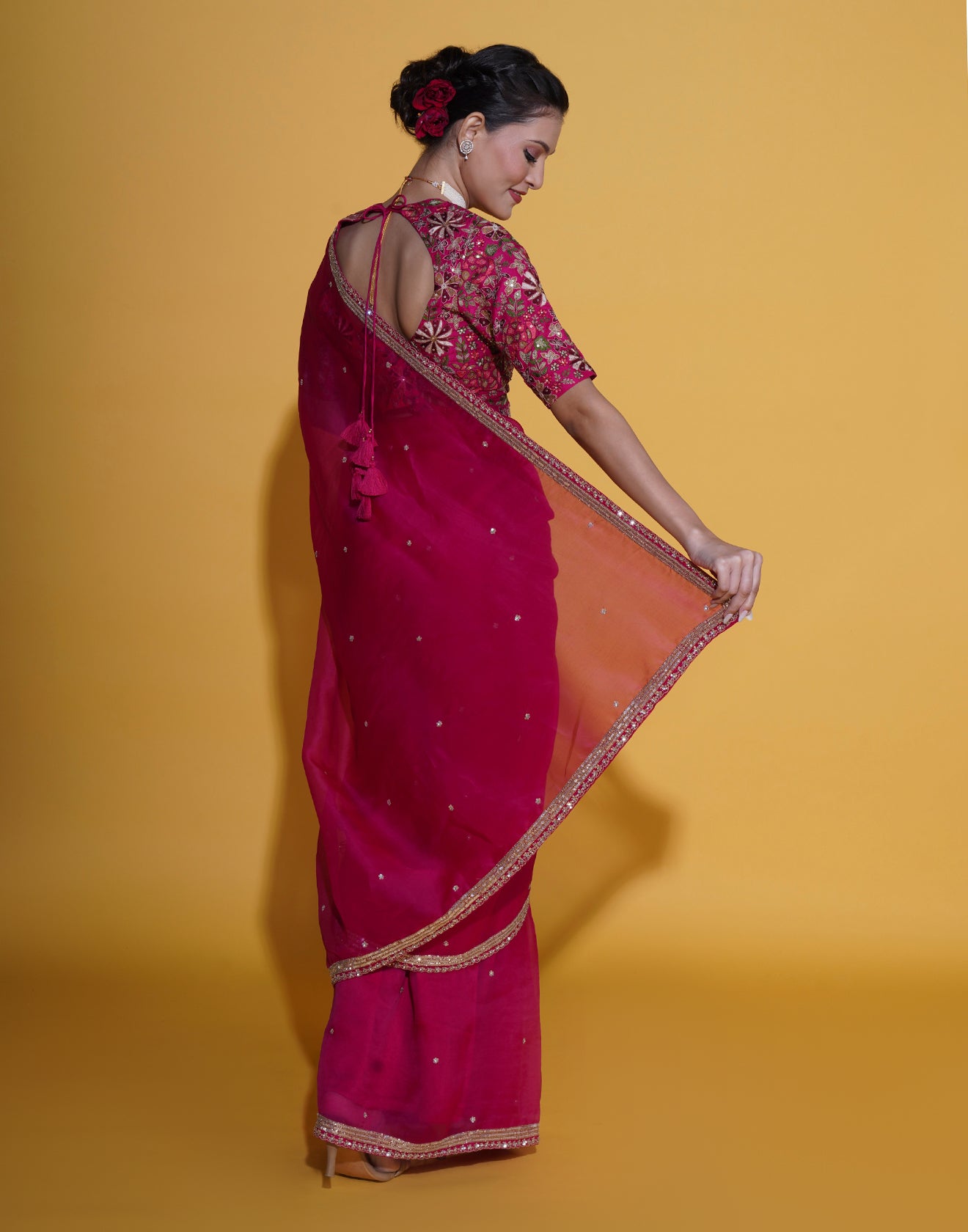 Flora Pink Organza Saree With Stitched Embroidered Blouse