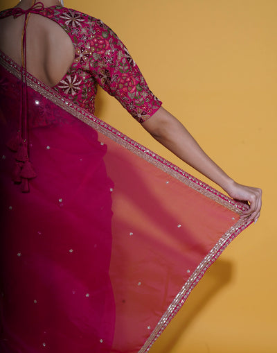 Flora Pink Organza Saree With Stitched Embroidered Blouse