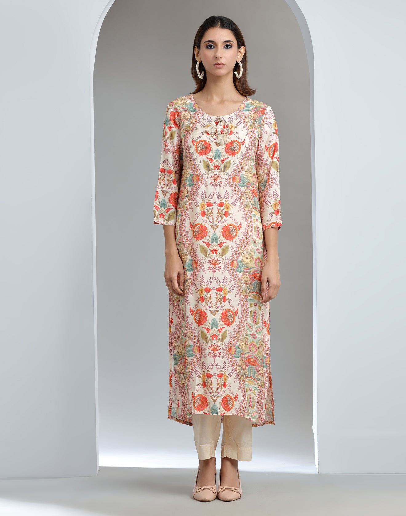 Floral Beige Puff Printed Kurta Set