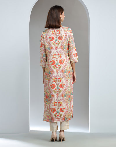 Floral Beige Puff Printed Kurta Set
