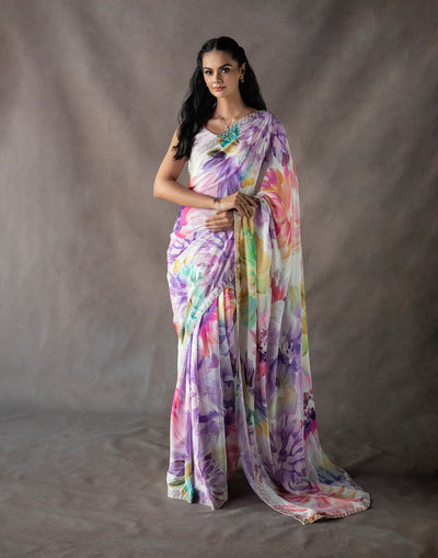 Floral Brushstroke Multicolor Embellished Saree