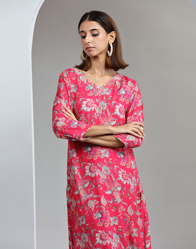 Floral Printed Rose Pink Kurta Set