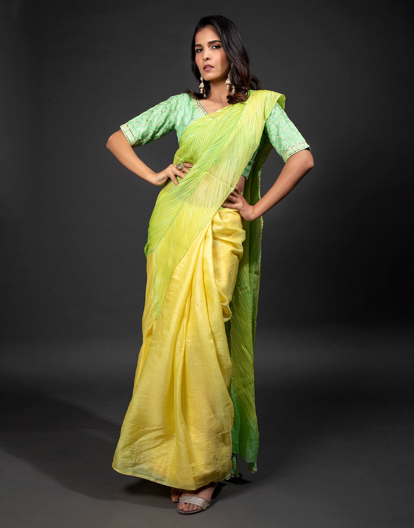 Fluorescent Shaded Green Crushed Saree With Stitched Blouse
