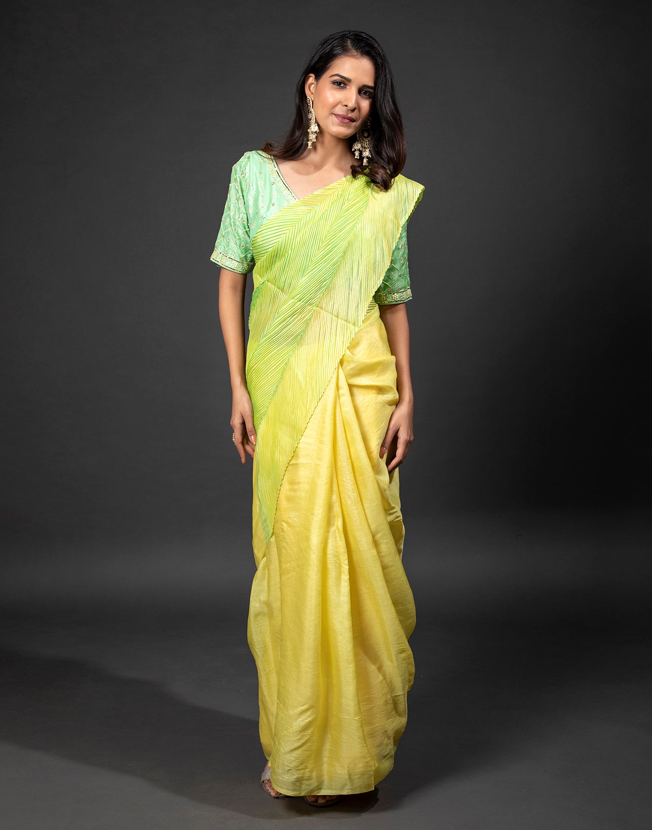 Fluorescent Shaded Green Crushed Saree With Stitched Blouse