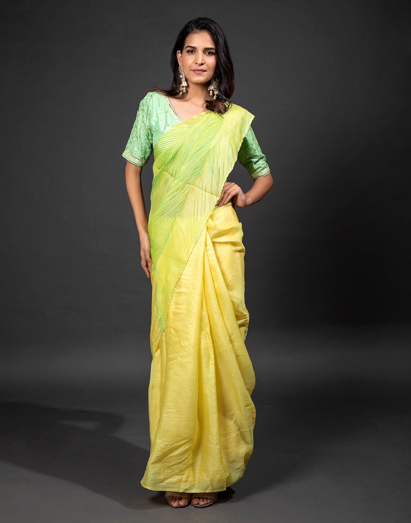 Fluorescent Shaded Green Crushed Saree With Stitched Blouse