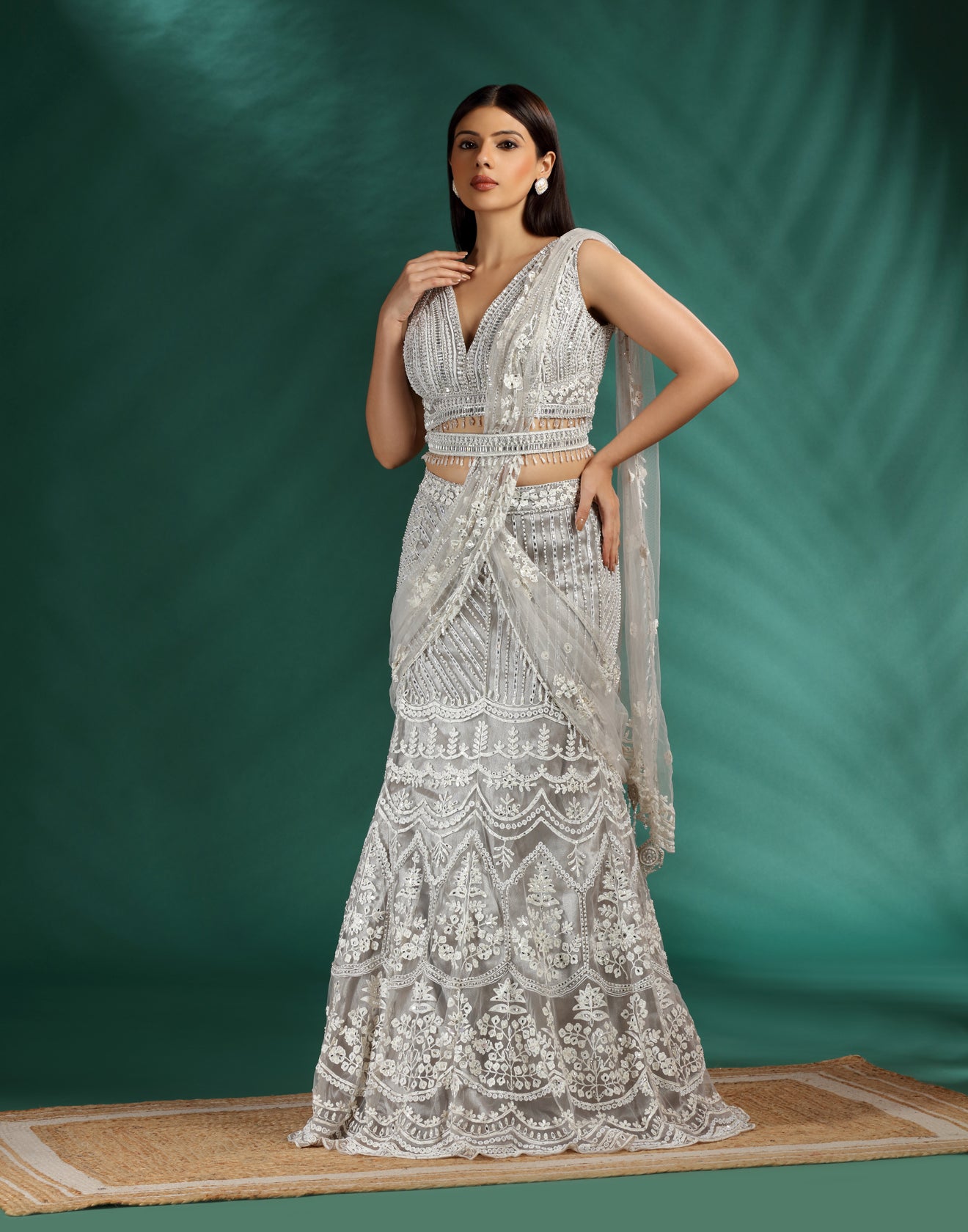 Foam Flash Embellished Aari Work Fish-Cut Lehenga Set