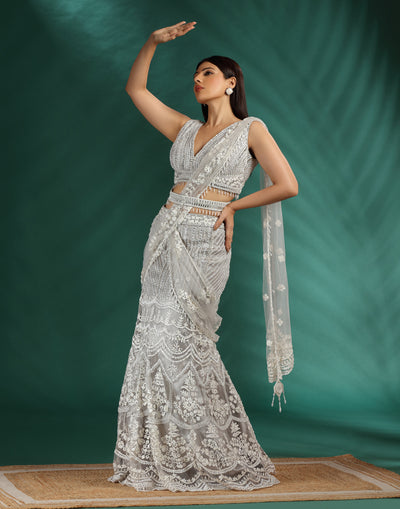 Foam Flash Embellished Aari Work Fish-Cut Lehenga Set