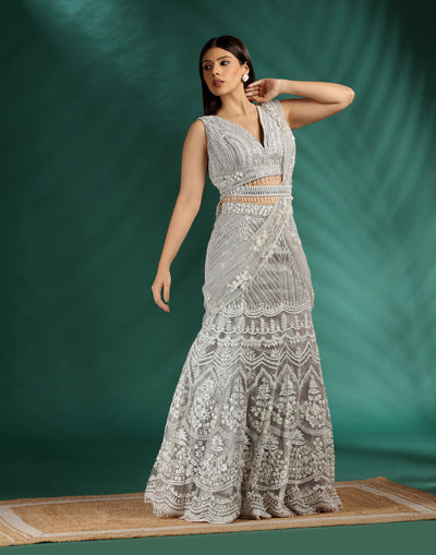 Foam Flash Embellished Aari Work Fish-Cut Lehenga Set