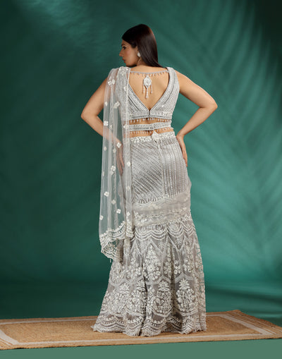 Foam Flash Embellished Aari Work Fish-Cut Lehenga Set