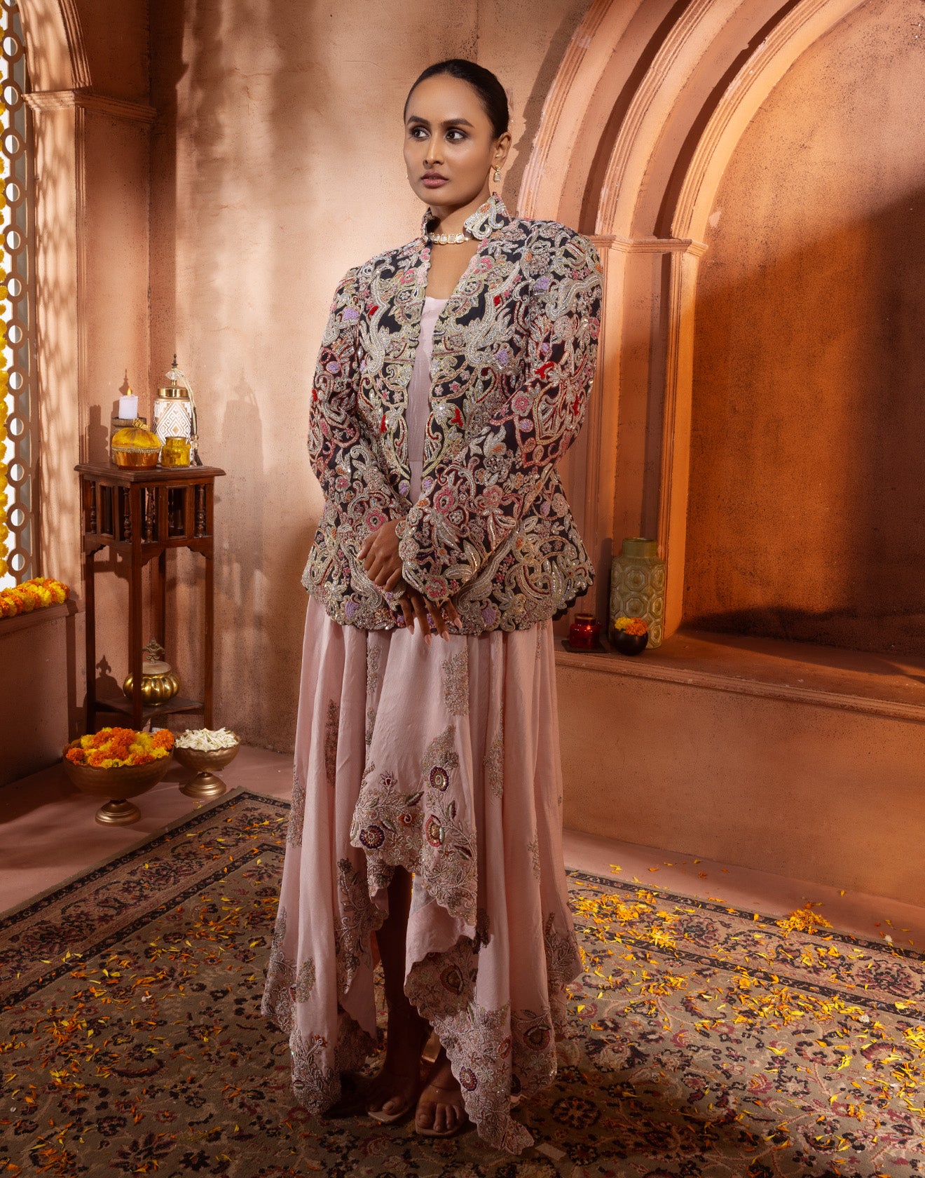 Fondant Pink Asymmetric Dress With Embroidered Jacket