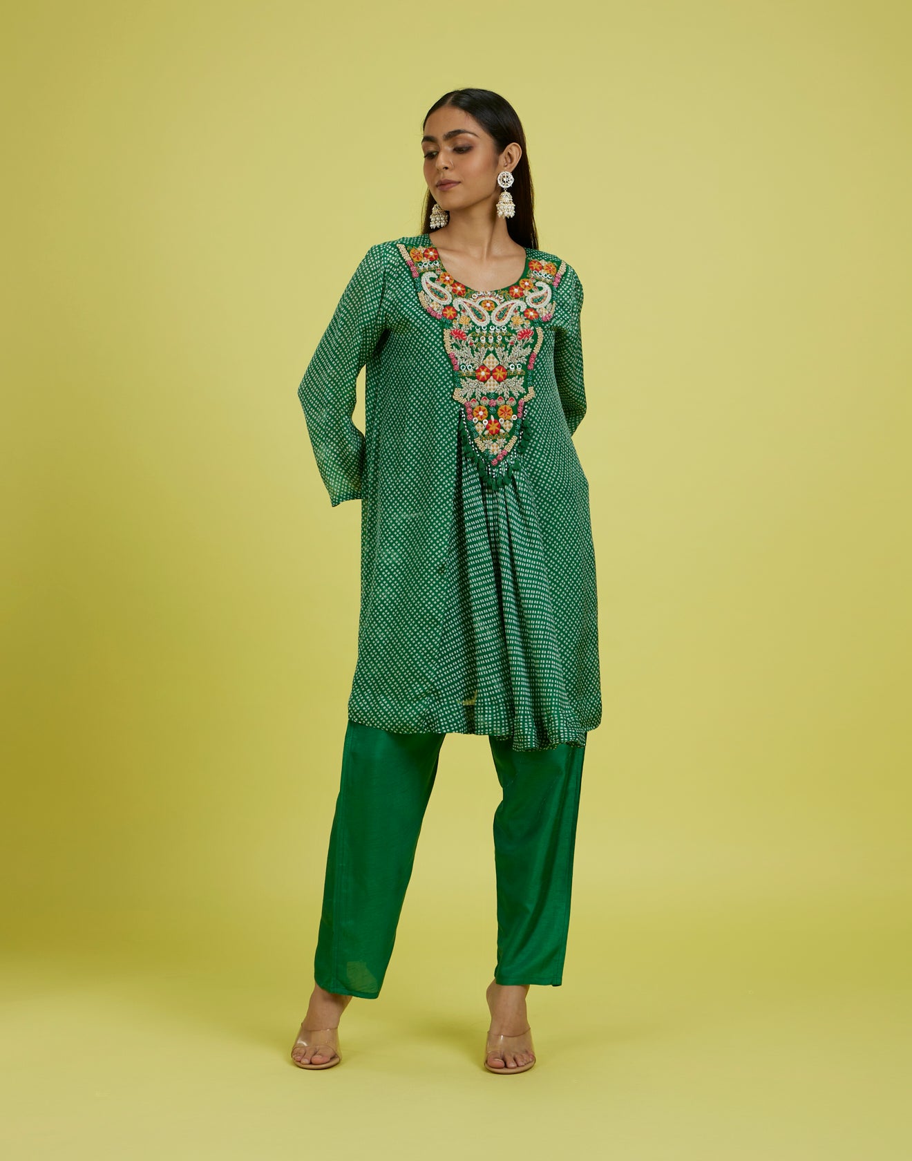 Forest Green Festive Fusion Flared Kurta Set