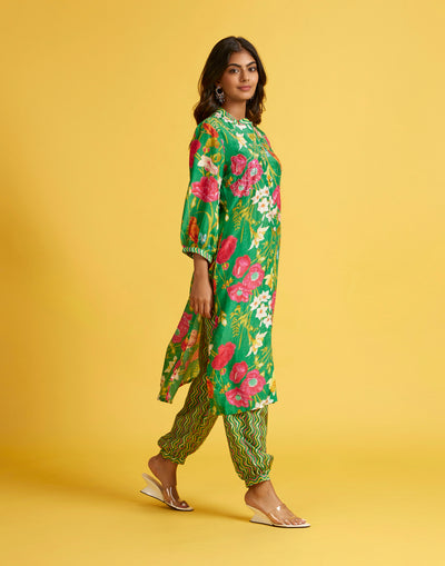 Forest Green Floral Printed With Embroidered Highlights Kurta Set