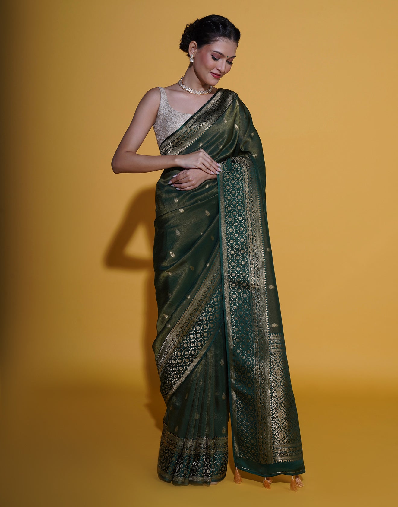 Forest Green Shimmer Silk Festive Saree