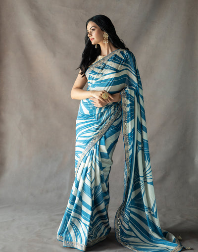 French Blue Printed Saree With Gota Work