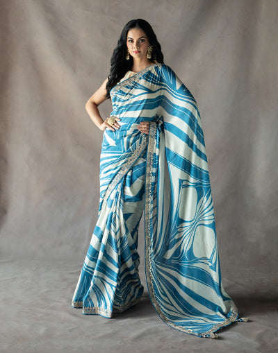 French Blue Printed Saree With Gota Work
