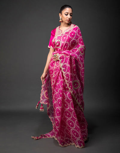 Fuchsia Pink Bandhani Saree With Stitched Blouse