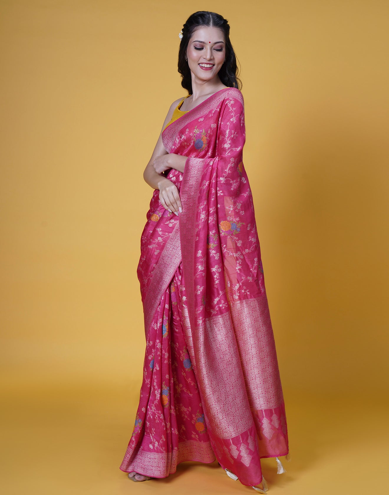 Fushia Pink Banarasi Floral Silk Saree